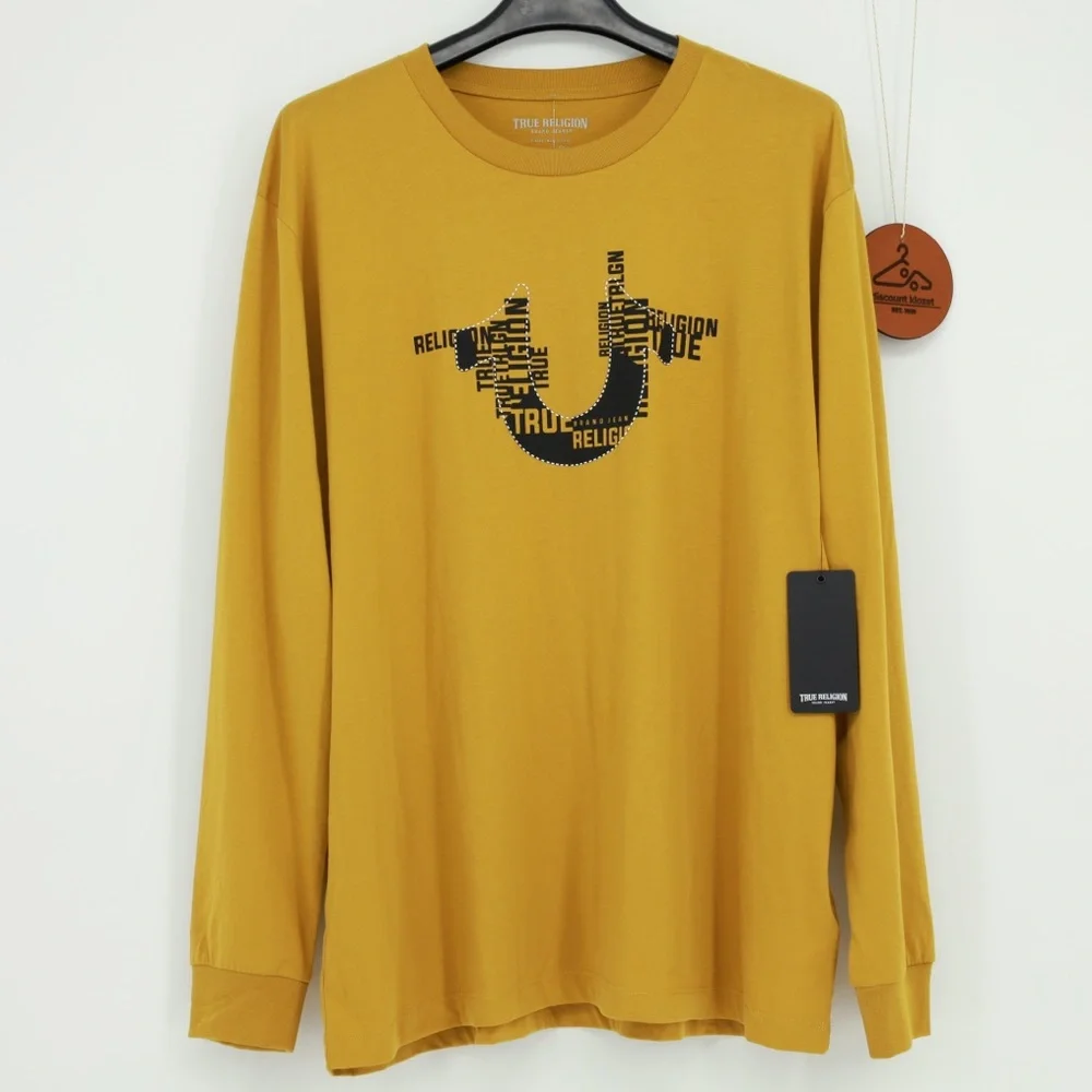 True Religion Mens Gold HS Stacked Logo Long Sleeve Crew Neck Shirt‎ Size XL